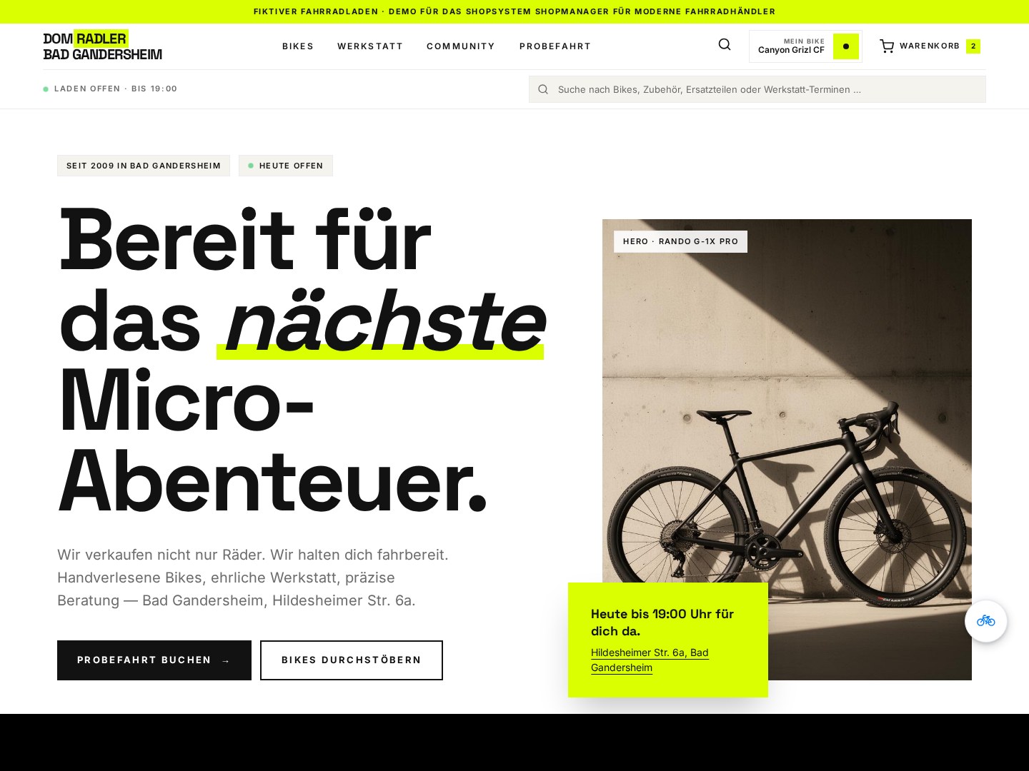 Frontend-Design eines Shopmanager-Fahrradladens: Demo-Startseite von demo.shoprobert.eu