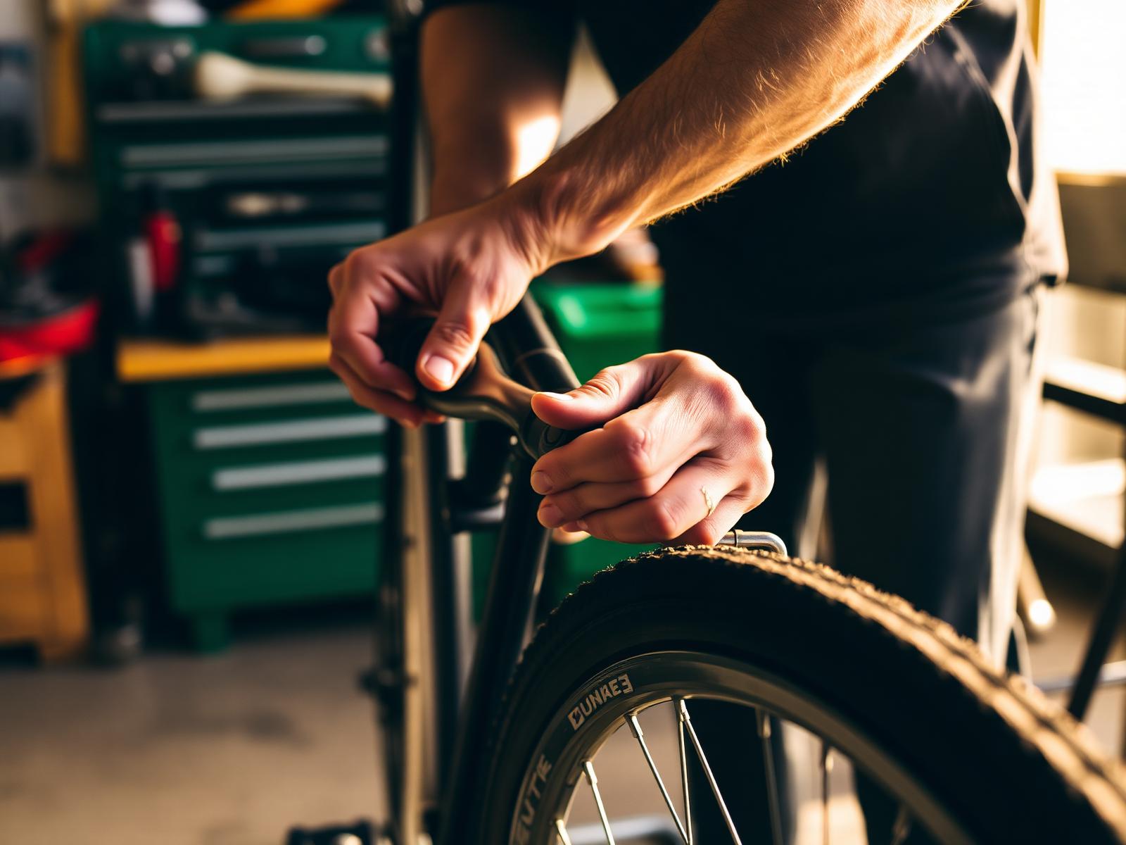 Hände arbeiten in einer Fahrradwerkstatt an einem Rad